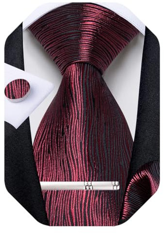 DiBanGu Mens Tie Set Silk Plaid Striped Necktie Woven Pocket Square and Cufflinks Tie Clip Set Formal Wedding, Wine Red, One Size