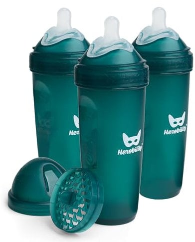 Herobility Doppelte Anti-Kolik-Babyflaschen – 12 fl oz/340ml – 3er-Pack baby flaschen – Dunkelgrün