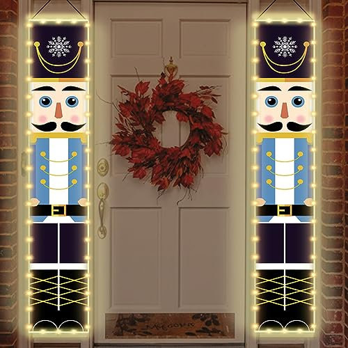 URMAGIC Christmas Nutcracker Banners with Led Lights,2 Pack 180 x 30cm Nutcracker Soldier Porch Signs,Nutcracker Christmas Decorations,Nutcracker Hanging Signs,Xmas Hanging Banners for Front Door