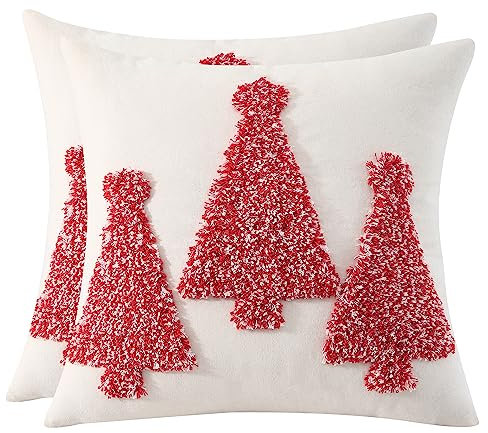 2er Set Weihnachten Kissenbezug Rot Tanne Tufteter Weihnachtsbaum 50 x 50 cm Kissenbezüge Feines Leinen Kissenhülle Dekokissen für Sofa Wohnzimmer Schlafzimmer Couch Heimdekoration