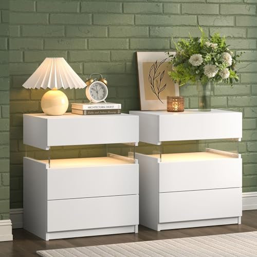 Cubehom Nachttisch 2er Set Weiß Nachtschrank mit 3 Schubladen Beistellschrank Nachttisch mit LED-Beleuchtung für Schlafzimmer, Weiß