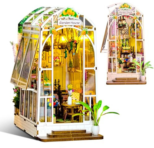 SON4SUN Book Nook Kit - DIY Dollhouse Booknook, Book Nook Miniature Kit for Bookshelf Insert Decor Crafts for Adults Teens, 3D Wooden Puzzle Bookends with Sensor Led Light (Garden House)