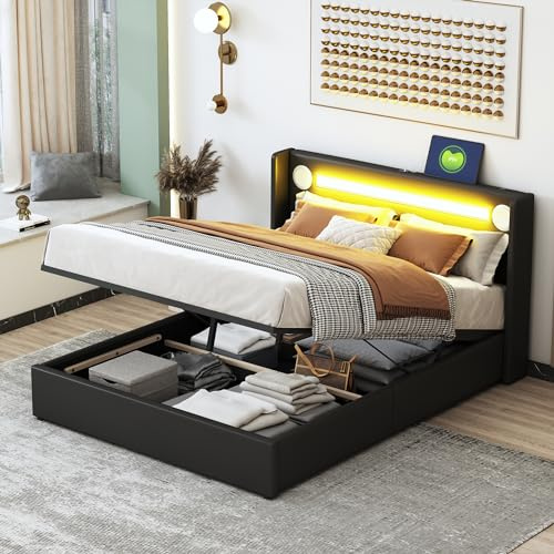 Merax Bett 140x200cm mit LED-Lichtleisten, Stauraumbett mit Bluetooth-Player und USB-Aufladung, für Jugend & Erwachsene, PU-Leder Schwarz (Ohne Matratze)