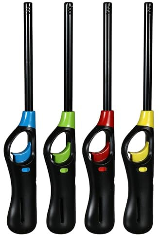 OBD 4 x Candle Lighter Refillable Gas Long Reach Fire Lighters Windproof Adjustable Flame Safety Lighters for Kitchen BBQ Fireplace Cookers and Outdoor Use (Assorted Colours)