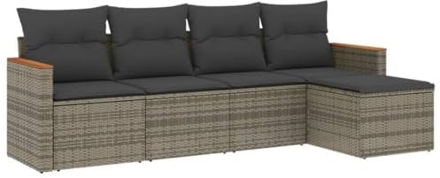 vidaXL Garten Sofagarnitur mit Kissen 5-TLG., Gartenmöbel Gartengarnitur, Sitzgruppe Sitzgarnitur, Lounge Sofa Garnitur Terrasse, Grau Poly Rattan