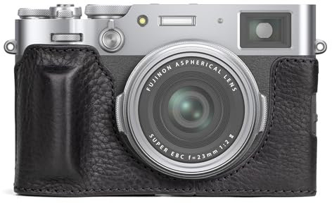 MUZIRI KINOKOO Fuji X100VI Tasche, Echtleder Halbschutzhülle kompatibel für Fujifilm X100VI Kamera – mit Öffnungsboden und Handgriff-Design – Schwarz