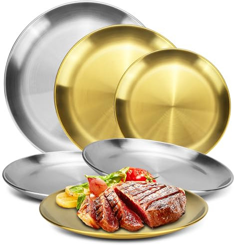 6 Piece Stainless Steel Plates,304 Silver Metal Dinner Plates, 3 Sizes Lightweight Round Dishes, Reusable Gold Plates, Unbreakable Serving Tray Set for Baking, Camping, Picnic (20cm/ 23cm/ 26cm)