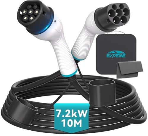 EVPEIWE Tipo 2 Cavo di Ricarica Auto Elettrica | 7.2KW | 32A | Monofase | 10M EV Cavo Ricarica Tipo 2 a Tipo 2 Compatible con Model 3/X/Y/S, Zoe, Smart, e-Tron, ID.4, IP55 con Borsa per Trasporto