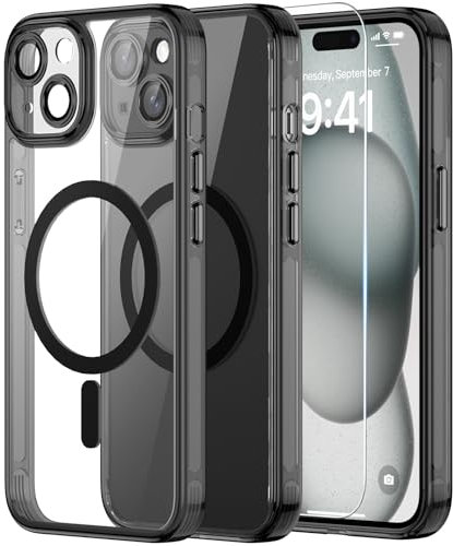 Helssitot Kameraschutz Magnetisch für iPhone 15 Hülle mit Schutzfolie, Kompatibel mit MagSafe, Anti-Yellowing, Durchsichtig PC Kratzfeste, Silikone Bumper Stoßfest Handyhülle iPhone 15 Case Schwarz