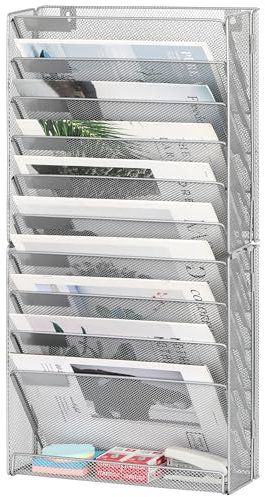 Solinxe 10-Tier Desk Tidy Organiser, A4 Wall Mounted Document Holder, Vertical Metal Magazine Rack, Wall Hanging Storage Organiser in Tray for Office Accessories Stationery Supplies, Silver
