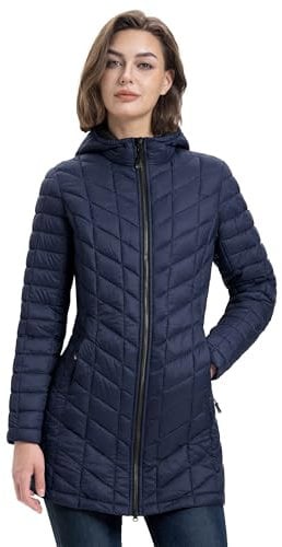 33,000ft Women's Winter Jacket Lightweight Long Quilted Jacket Water Resistant Transitional Down Jacket with Hood Perfect For Cold & Wet Weather Deep Blue M