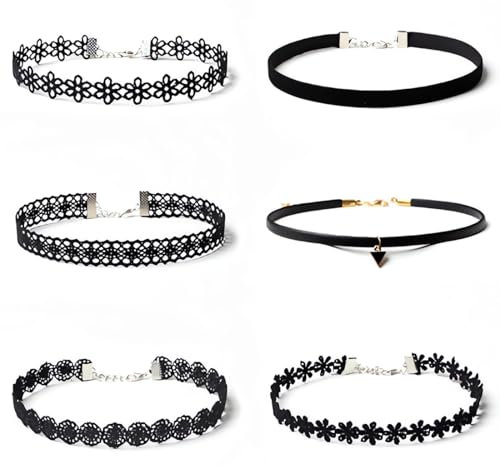6-teiliges Halsband-Halsketten-Set, modische Samt-Halskette, Gothic-Gummi-Stretch-Samt-Halsband, Tattoo-Spitzenkette, Schmuckset, Damen-Halskette, Damenschmuck