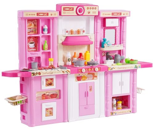 VEVOR Cocina de Juguete para Niños 3 en 1 Cocinita Infantil Juguete de Simulación con Spray Simulado Sonido Luz 74 Piezas de Accesorios de Cocina para Niños, Preescolares, Niños de 3 a 8 Años, Rosa