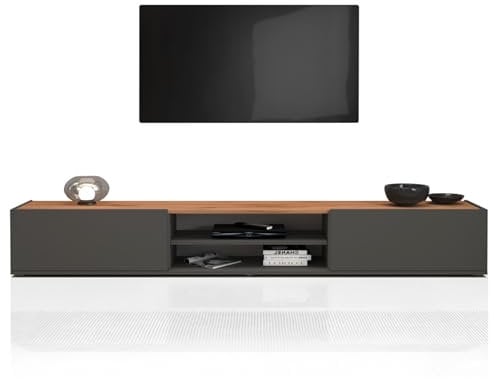 WHOUS Mobile Porta TV GARDA per Soggiorno con 2 Ante a Ribalta e 1 Ripiano Centrale, Mobile Tv per Salotto in Legno, 210x35x30 cm, Antracite Opaco e Rovere