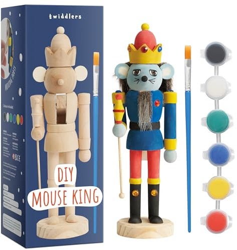 THE TWIDDLERS - Malen Sie Ihren eigenen hölzernen Nussknacker-Mauskönig, 20cm - Handgemachtes DIY-Set, traditionelles Rattenkönig-Ornament aus Kiefernholz, Weihnachtsdekoration mit beweglichen Teilen