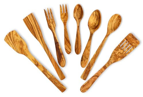 Justa la Fusta | Juego De 8 Utensilios De Madera De Olivo | Fabricado A Mano En España | Sin Agentes Químicos Ni Barniz | Paletas Cocina, Espátula Cocina, Cucharas De Madera | Perfectos Para Sartenes