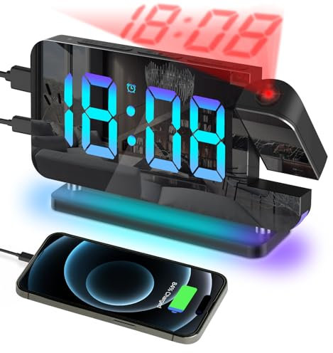 Projection Alarm Clock, Digital Colorful Clock with 180° Rotatable Projector, Mirror Clocks with RGB Night Light,Snooze,12/24H, Dual Charger Port, Auto Dimmer, LED Desk Clocks for Bedroom, Black