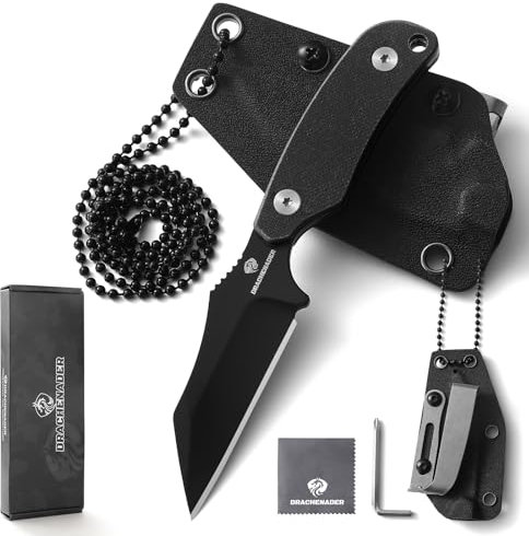 DRACHENADER X-WH Neck Knife Mini, Wharncliffe D2 Stahl, 7, 6 cm Klingenlänge, Full Tang, G10 Griff, kleines Messer mit Kydex-Scheide, Kugelkette und Gürtelclip, Vollschwarz