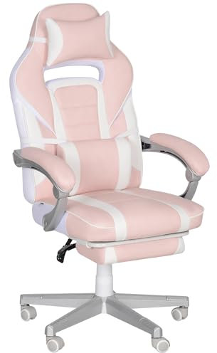HOMCOM Silla Gaming Silla Gamer Reclinable con Altura Ajustable Reposapiés Retráctil Soporte Lumbar y Reposacabezas Desmontable Silla para Oficina Estudio Rosa