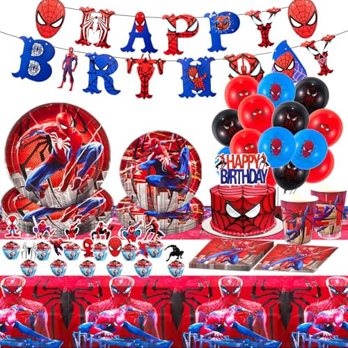 96 Pcs Spider Birthday Decorations, Kids Party Tableware Set Party Decorations with Paper Plates Cups and Napkins Balloon Banner Cake Topper, Spider Hero Themed Party Supplies for Boys