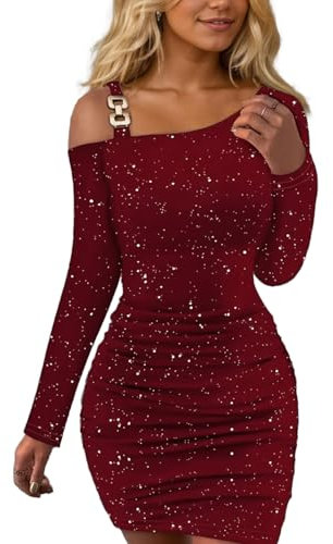 EMOTTOS Mini Robe Sexy à Paillettes pour Femmes, Anniversaire Robes Off Shoulder Boucle Carrée épaules Inclinées, Robe Enveloppante à Plis au Bas de la Taille Robe de Soirée Moulante, Rouge, M