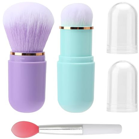 APOMOONS 2 pcs pinceau blush, pinceau poudre avec 1 pinceau à lèvres en silicone, pinceau à poudre rétractable, portable Mini pinceau de maquillage de voyage pour poudre de fond de teint (vert,violet)