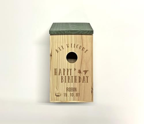 Happy Birthday Personalisierte Vogelbox - Individuell Gravierte Holz Nistkasten für Gartenvögel, Einzigartiges Geburtstagsgeschenk für Mama, Papa, Großeltern, Freunde, Vogelliebhaber & Gärtner