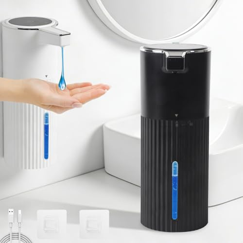 Seifenspender Automatisch Berührungsloser 400ml, Flüssigetyp Seifenspender | Elektrischer Seifenspender mit Sensor USB-Aufladba,IPX5 Wasserdicht,Ohne Bohren für Bad,Küche,Büro,Soap Dispenser-Schwarz