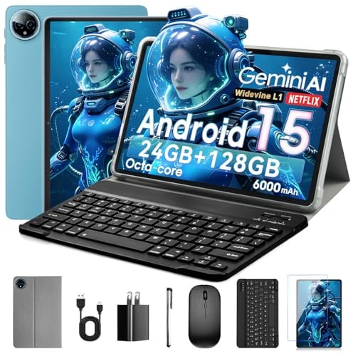 Android 15 da 10 pollici, 24 GB di RAM + 128 GB di ROM (1 TB espandibile), Octa-Core, schermo touchscreen HD IPS 1280x800, doppia fotocamera 5MP+8MP, 6000mAh, con tastiera, mouse, Widevine L1 (blu)