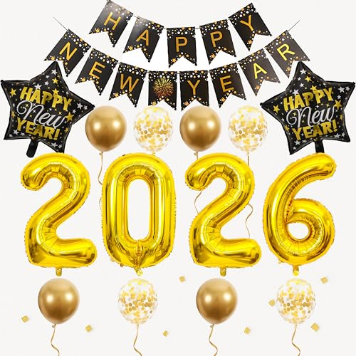 Silvester Deko Set 2026 Neujahr Partydekoration Folienballon Zahlen XXL Luftballons Girlande Happy New Year Banner Sternballon Raumdeko Gold Schwarz Ballonset Silvesterparty Feierartikel