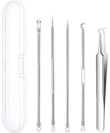 JZK Set 5X Blackhead Remover Tool, Curved Sharp Pointed Tweezers, milia Removal Needle, Pimple Popping kit, Nose spot Popper, ingrown Hair Tweezers, comedone Extractor, Back spot Squeezer Tool