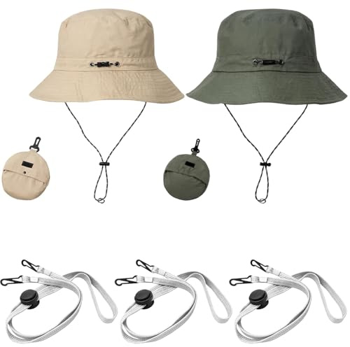 MmotZsb Safari Hut, 2 Hüte Und 3 Seile Outdoor Hüte Mit Windschutzseil, Militärgrün Und Khaki, Ideal Für Abenteuer Und Alltag, Leicht Und Atmungsaktiv