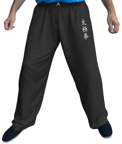 TAO MARTIAL Pantalón Tai Chi Ancho de Viscosa – Hombre y Mujer – Qi Gong Kung Fu Yoga – Ligero con Cintura Elástica y Cordón – Bordado Tai Ji u Om (Color Negro, Talla S)