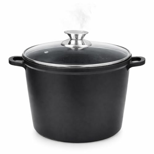 Pentolone Spaghettiera Antiaderente Effetto Pietra Lavica – Pentola Grande per Pasta e Spaghetti, Adatta a Induzione e Gas, Coperchio in Vetro Temperato e Manici Removibili in Silicone (24CM/7L)
