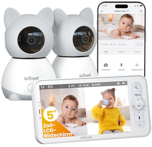 ieGeek 2K Babyphone 2 Kameras 5 WLAN Nachtsicht, App, PTZ, Zwei-Wege-Audio | Weinenerkennung/Bewegungserkennung/Temperaturanzeige