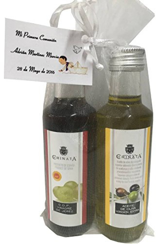 Regalo con botella de Aceite de Oliva Virgen Extra y Vinagre de Jerez D.O. de La Chinata en bolsa de organza para invitados (Pack 24 ud)