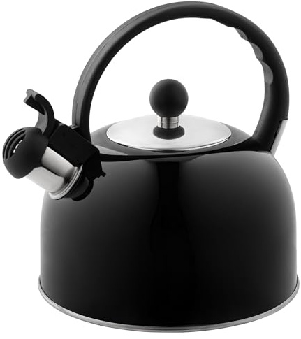 Venoly Pfeifender Teekessel mit 2,5 Liter, moderner Edelstahl-Pfeif-Teekanne für Herd, Heißwasserkocher mit kühlem Griff, ergonomischer Griff, Schwarz, 2,5 Liter