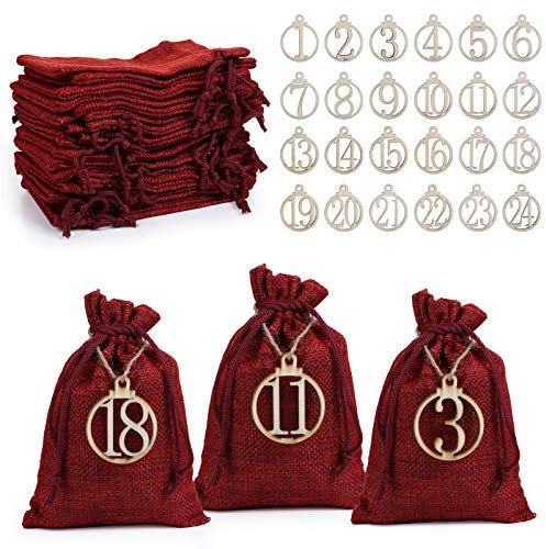 LIHAO Adventskalender zum Befüllen Jutesäckchen Rot Weihnachten Geschenksäckchen 24 Stück mit Zahlen Holz Deko Stoffbeutel Weihnachtskalender Bastelset Säckchen 10 x 15 cm