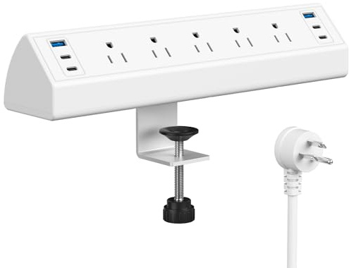 Jgstkcity Desk Clamp Power Strip USB C,40W Total Fast Charging Station,4 PD 20W USB C Ports,Desk Edge Mount Surge Protector,5 Outlets,Fit 1.96 Tabletop Edge,ETL Listed,White