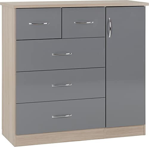 Seconique Nevada 5 Drawer Low Wardrobe in Grey Gloss/Light Oak Effect Veneer