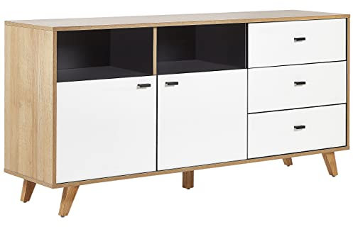 Commode Buffet Effet Bois Clair avec 2 Compartiments à Portes et 3 Tiroirs Blancs Meuble de Rangement Élégant pour Intérieur Scandinave Beliani