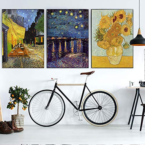 Jianghu Art Berühmte Cafe Terrasse bei Nacht Gemälde auf Leinwand Stillleben Vase mit Sonnenblumen Poster Drucke Wandbilder Wohnzimmer 20x30cmx3pcs Kein Rahmen