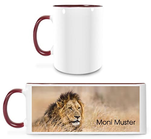 Manutextur Tasse mit Namen - personalisiert - Motiv Löwe - viele Farben & Motive - weiß/Marone - persönliches Geschenk mit Wunsch-Motiv und Wunsch-Name