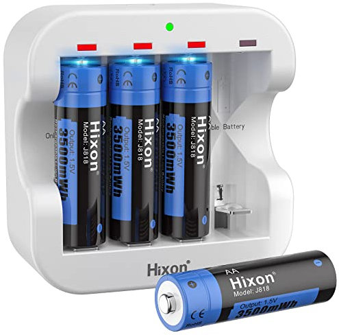 Hixon lithium aa battery with Charger,3500mWh High-Capacity AA Rechargeable Battery,Constant 1.5V rechargeable battery aa(4AA Battery+Charger)