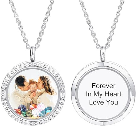 INBLUE Collier Flottant Médaillon Personnalisé pour Femme Pendentif Rond Gravé Photo/Texte Pendentif en Acier Inoxydable et Verre avec Pierre de Naissance Cadeau pour Anniversaire