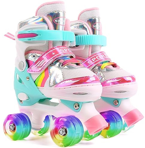 Ceestyle Verstellbare Rollschuhe für Kinder, Leuchtenden Rädern, Classic Disco Roller, Größenverstellbare Atmungsaktiv Quad Skates, Verstellbar von 27 bis 34, 4 Größen, Mädchen und Jungen - S