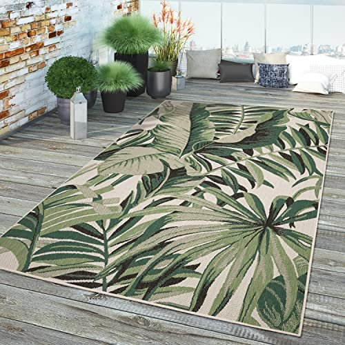 TT Home In-& Outdoor Teppich Wetterfest Balkon Küche Wohnzimmer Palmen Muster Modern, Farbe: Grün Beige, Größe:140x200 cm