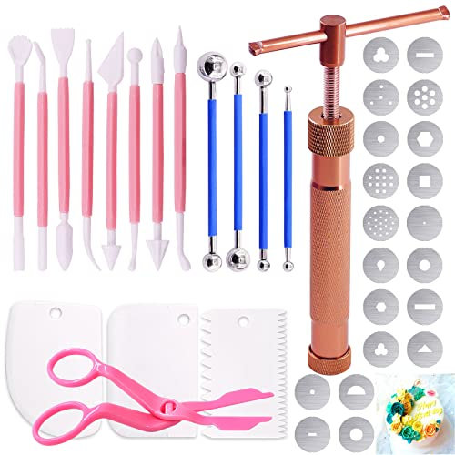 Keadic 37-teiliges rotgoldenes Ton-Extruder-Set für Fondant-Extruder, Kuchendekoration, Ton-Extruder-Pistole mit 20 Spitzen, Zuckerextruder-Scheiben und Kugelstift-Punktierwerkzeug
