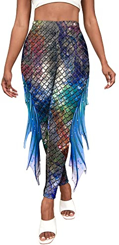 FEOYA Damen Leggings Hohe Taille Push Up Meerjungfrau Fischschuppen Bedruckte Glänzend Hüfthose Slim Fit Booty Tights für Sport Yoga Fitness Gym Workout B L