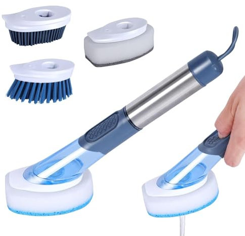 Masthome Brosse à Vaisselle avec Distributeur de Liquide, Brosse pour Vaisselle avec 4 TêTes de Rechange Différentes, Brosse de Cuisine pour Vaisselle Casserole Poele et Evier Nettoyage